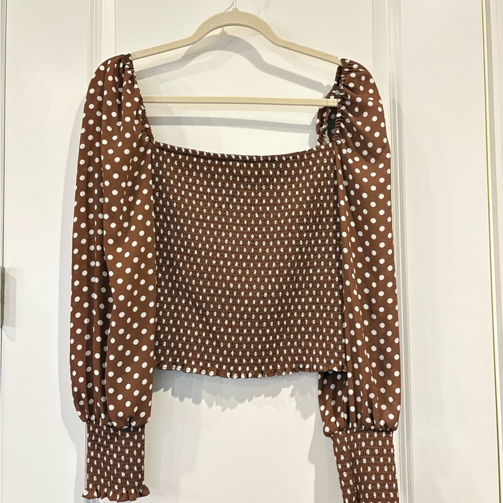 Gianni Bini Brown and White Polka Dot Smocked Blouse with Puff Sleeves